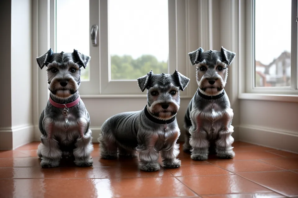 Schnauzer miniatura relajado después de la limpieza de orejas en casa
