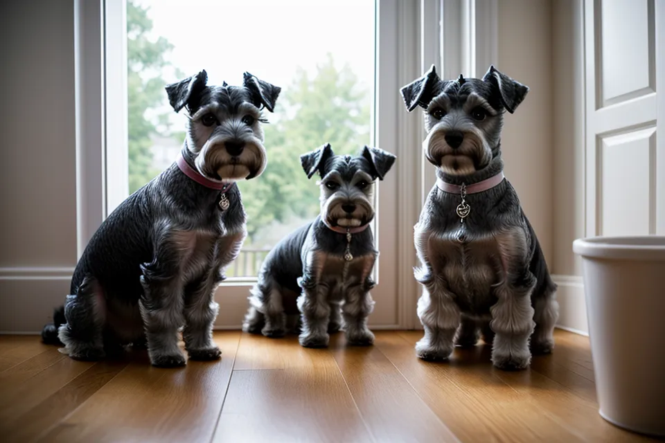 Dos schnauzer miniatura en casa, uno con jersey artesanal de manualidades de costura para perros