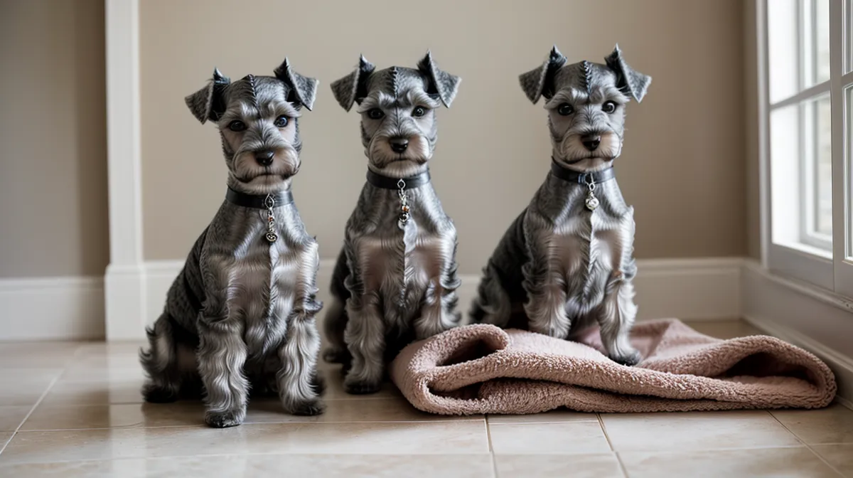 Higo, schnauzer miniatura, recién trasquilado con la maquinilla en una sesión de peluquería canina casera en Sevilla