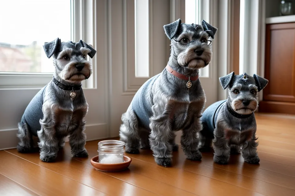 Maquinilla de cortar pelo para perros schnauzer miniatura sobre una toalla llena de pelo tras el primer intento