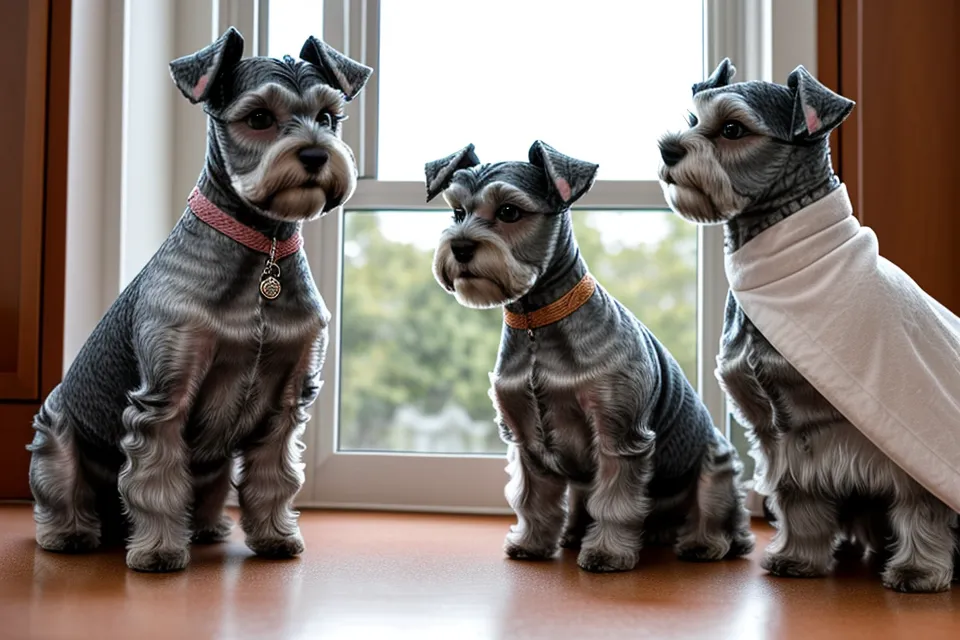 Máquina de cortar pelo para perros lista sobre la mesa, junto a Higo, el schnauzer miniatura recién bañado