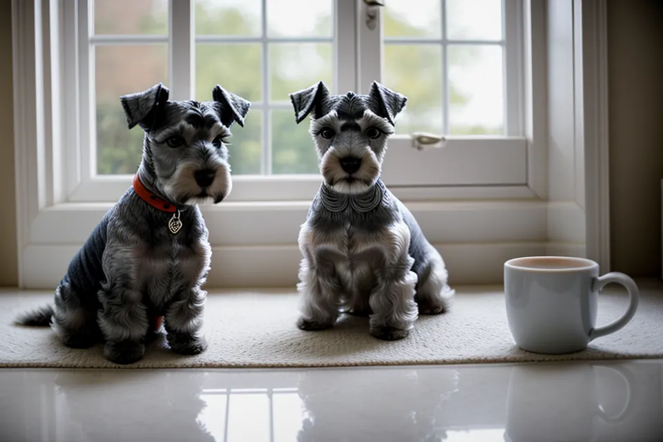 Higo, el schnauzer miniatura, quieto antes del corte de barba y cejas con la máquina de cortar pelo