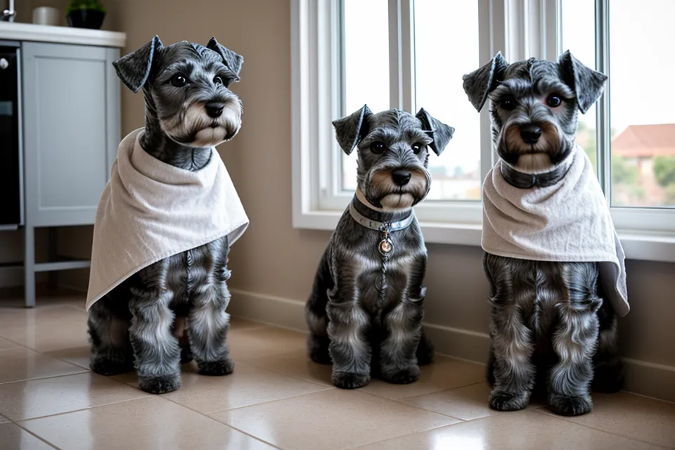 Calcetines cubiertos de pelo corto de schnauzer tras una sesión de peluquería canina en casa