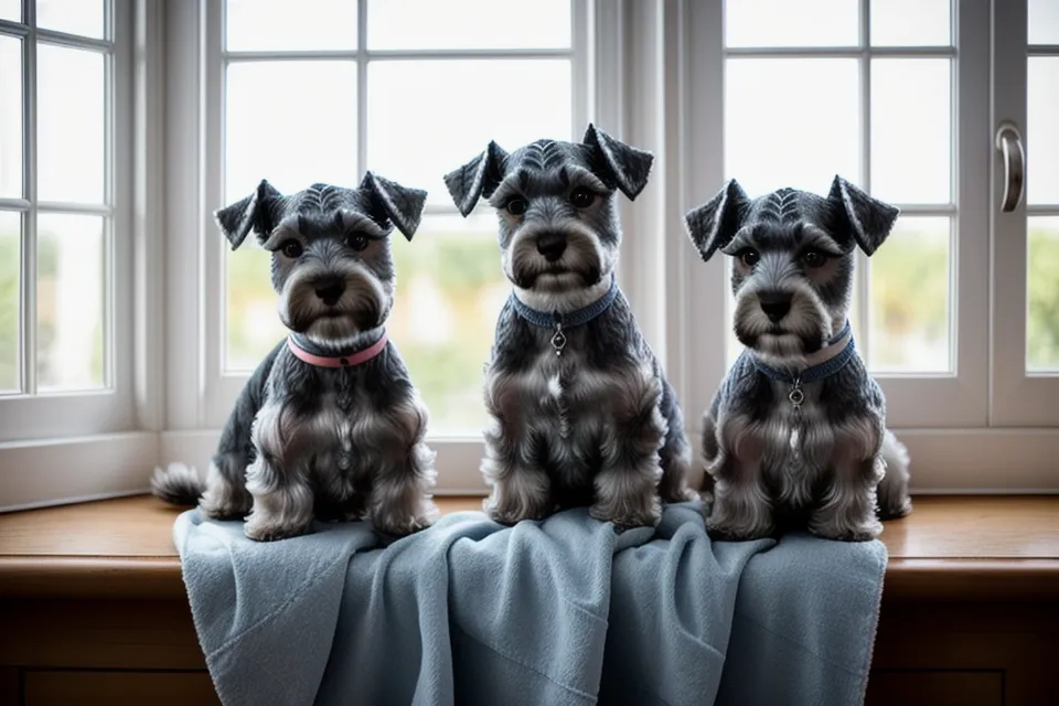 Tijeras de entresacar junto a la oreja de un schnauzer miniatura, técnica de peluquería canina de aficionada