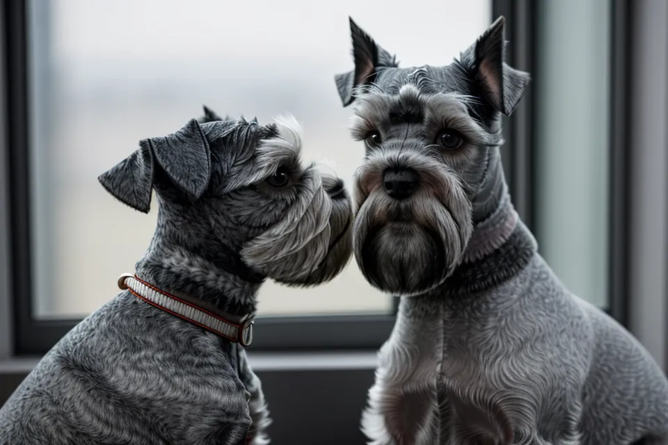 Primer plano de manos palpando el pelo duro de un schnauzer miniatura en busca de un nudo antes de peinarlo sin tirones
