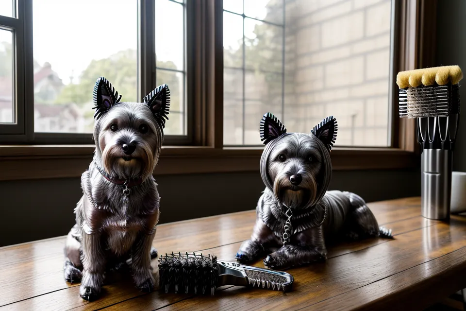 Peine metálico de púas y cepillo usados en el cepillado diario de un schnauzer de pelo duro para evitar nudos