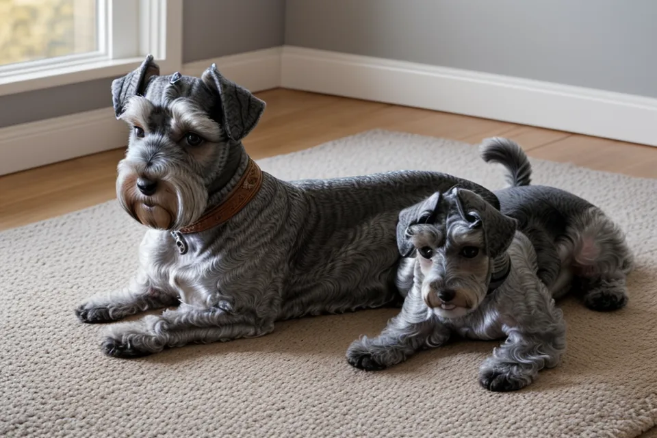 Schnauzer miniatura relajado mientras le cepillan las patas en casa, sin tirones ni nudos