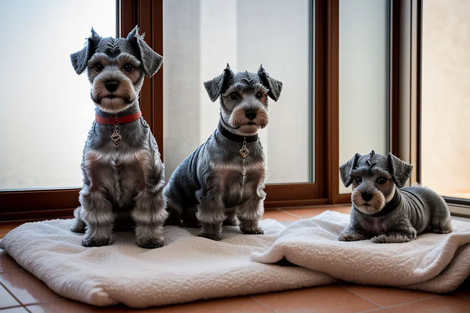 Subpelo gris de schnauzer miniatura acumulado en el suelo tras una sesión de deslanado canino