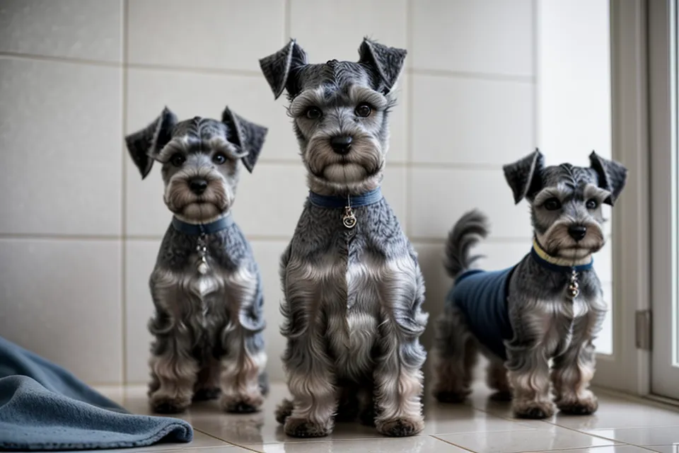 Dedos separando el pelo de un schnauzer miniatura para comprobar si queda subpelo