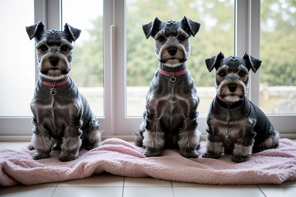 Schnauzer miniatura con las cejas largas antes de recortarlas, paso previo habitual en la peluquería canina en casa.