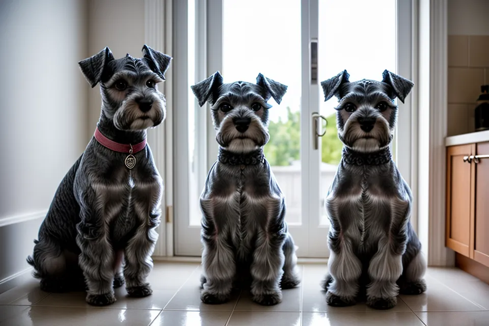 Schnauzer miniatura con las cejas recortadas y simétricas descansando en el sofá tras una sesión de cuidado de mascotas en casa.